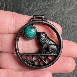 Bulldog Wood and Chrysocolla Gemstone Pendant Cabochon Ornament Mini Art